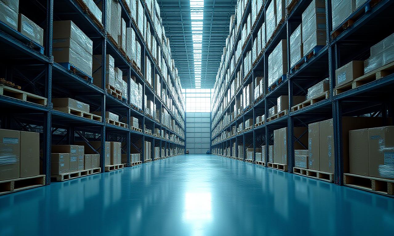 Modern logistics terminal interior with high-stack shelving